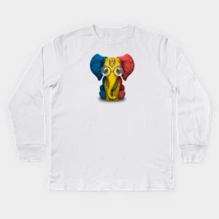 Baby Elephant with Glasses and Moldovan Flag Kids Long Sleeve T-Shirt